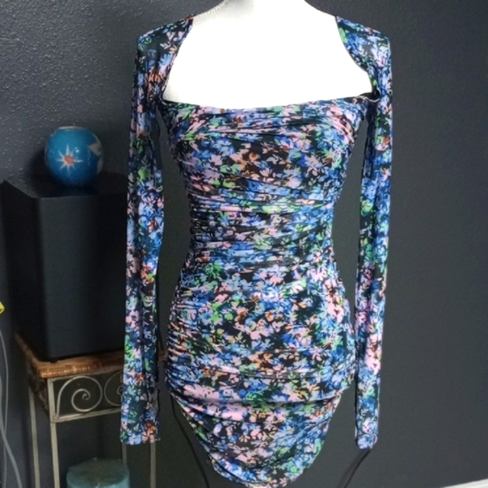 AFRM Blue and Pink Long Sleeve Bodycon Dress